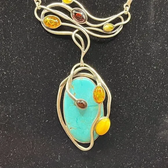 Turquoise and multi color Amber 925 Art Deco design necklace. - Picture 6 of 8